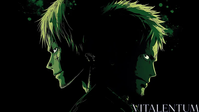 Dual green warriors in shadow-split profile standoff.