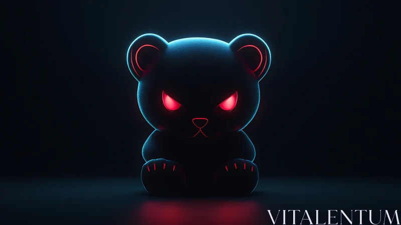Backlit teddy bear figure with red glowing eyes in darkness.