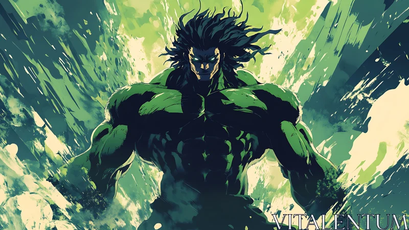 Towering green warrior rising in a storm of raw power.
