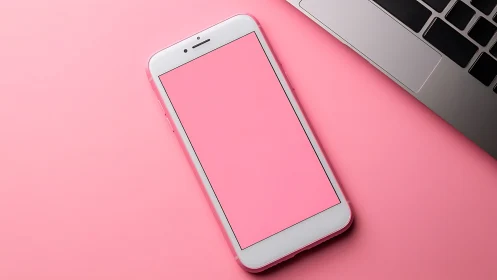 White smartphone with blank pink screen displayed on pink surface