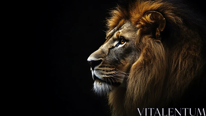 Regal lion profile in dramatic low key side lighting portrait.