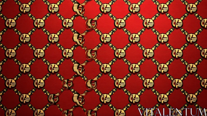 Repeating gold medallion lattice distorting across red textile