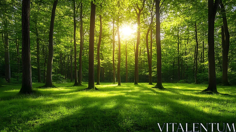 Sunlit Forest Clearing with Lush Green Grass in Serene Morning Light.
