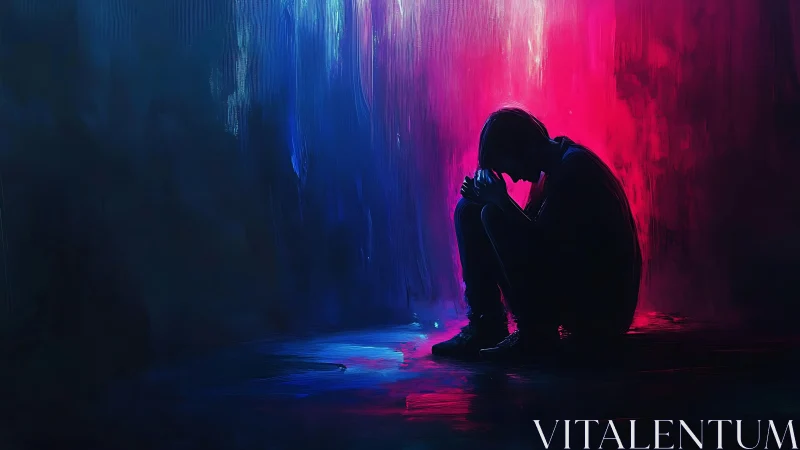 Silhouetted soul curled beneath neon storm of sorrow.