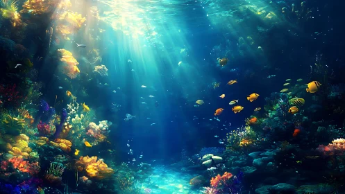 Sunlit coral kingdoms drift beneath glittering blue ceilings