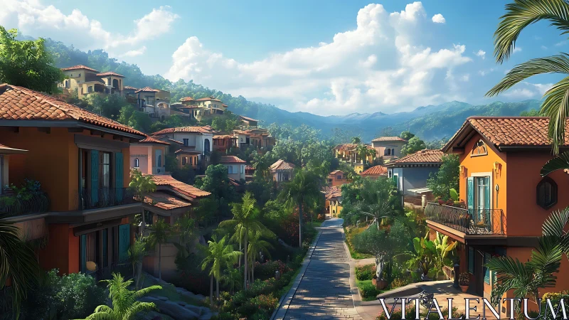 Hillside residential street with terracotta roofed villas.