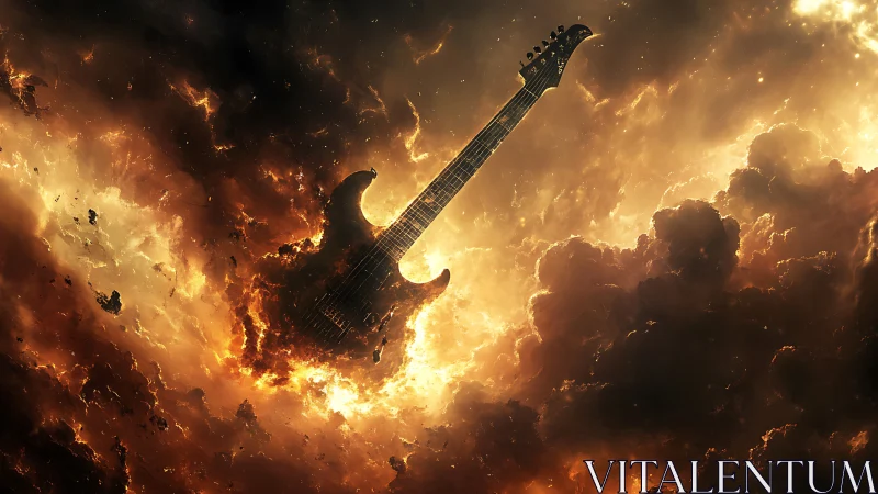 Electric guitar floats amid fiery cosmic storm clouds