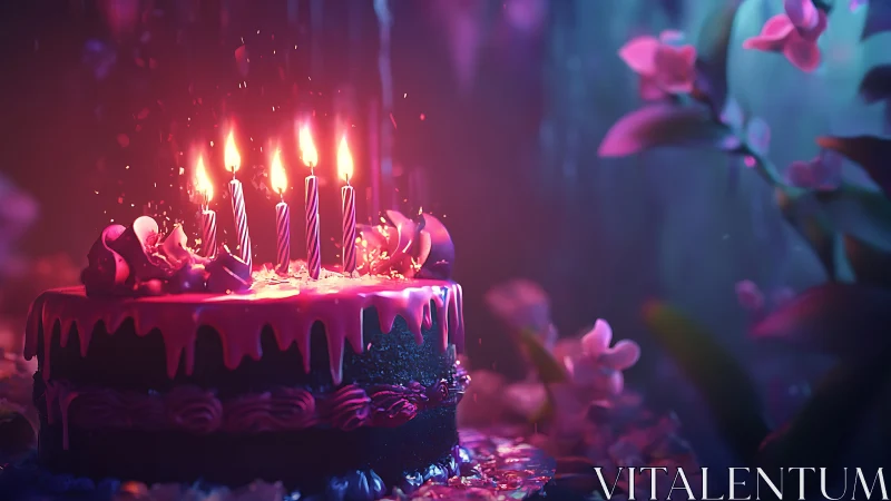 Neon Birthday Cake with Lit Candles. Glowing Pink.