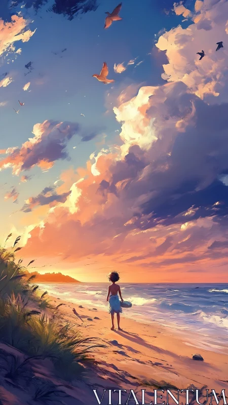 Child walks a sunset shore beneath soaring pastel clouds