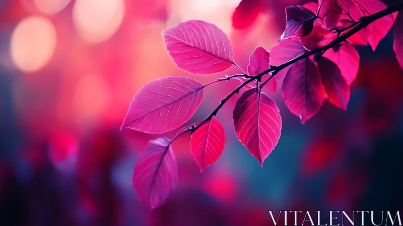 Neon dusk leaves glowing against a dreamy bokeh forest.