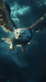 Stormborne owl cuts through midnight clouds with fierce grace.