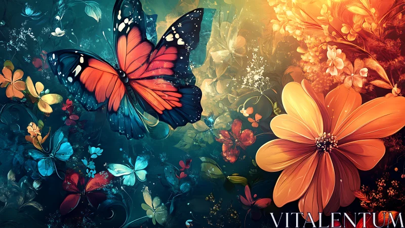 Butterfly and floral illustration blends warm and cool hues