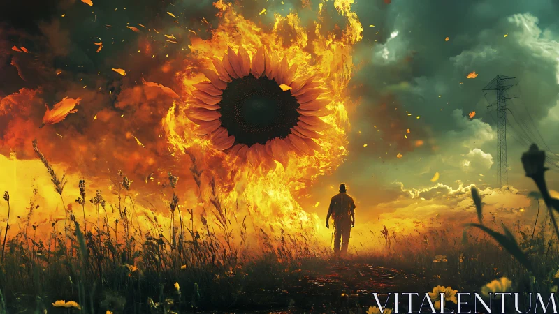 Colossal burning sunflower portal in storm-lit meadowscape.