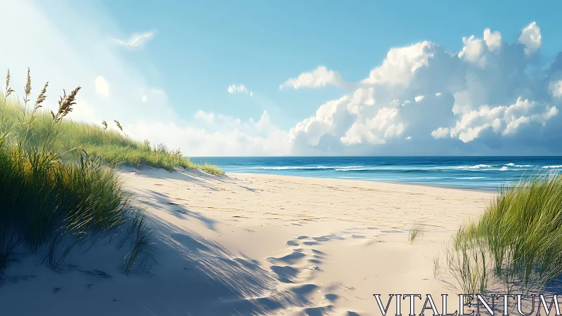 Sunlit dune pathway toward tranquil turquoise shoreline.