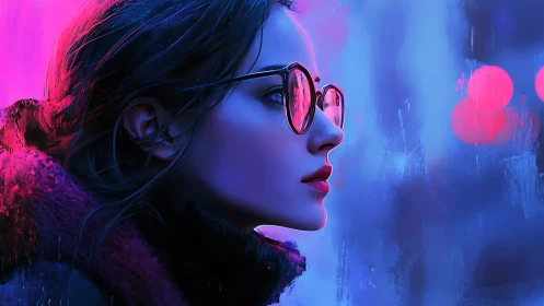 Neon city glow surrounds a thoughtful woman in pink light