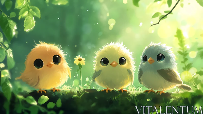 Three Adorable Cartoon Birds in Sunlit Forest Setting.