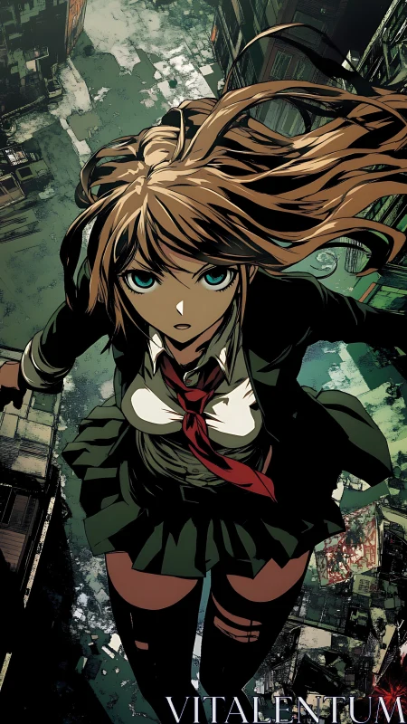 Defiant schoolgirl dives into shattered cyberpunk cityscape.