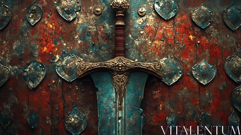 Battleworn greatsword resting against rusted shielded gate.