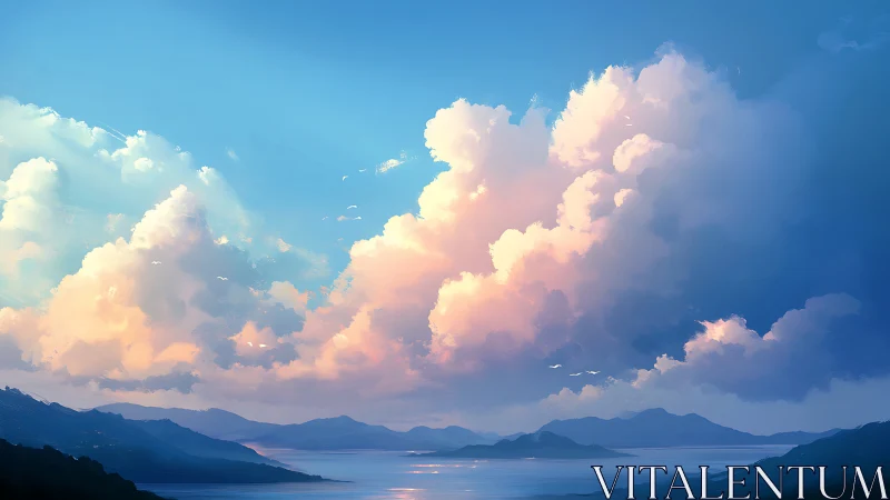 Luminous coastal clouds above serene layered mountains at dusk.