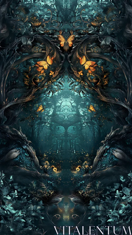 Symmetrical glowing butterflies in dark fantasy forest scene