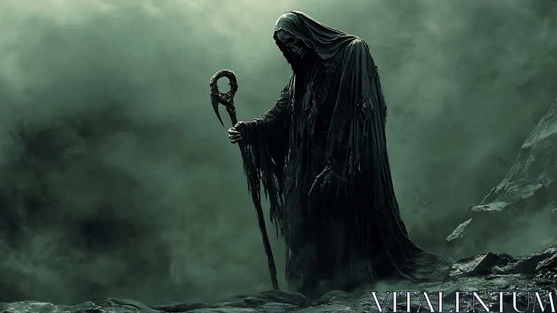 Hooded skeletal wraith stands in fog using high-contrast lighting