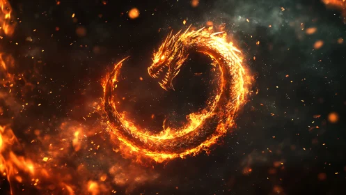 Fiery ouroboros dragon forms a luminous circular inferno emblem