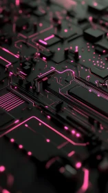 Neon illuminated circuit board with black 3D components.