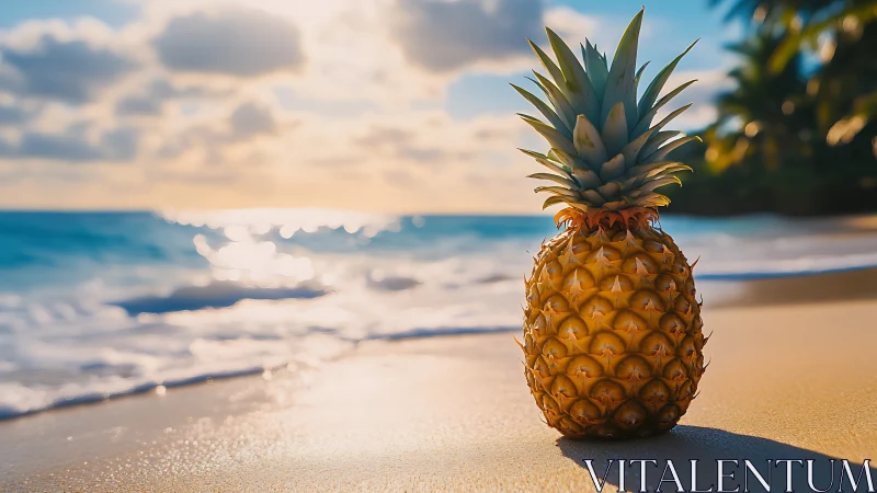 Tropical Pineapple on Sandy Beach with Ocean Backdrop.