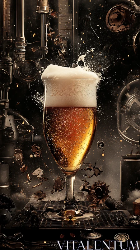 Effervescent lager in tulip glass amid industrial brewing hardware