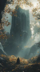 Gothic forest tower in cinematic fantasy digital painting.