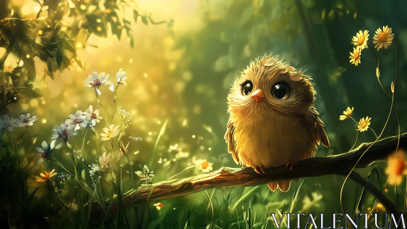 Adorable Fluffy Bird on Branch in Sunlit Fantasy Forest Art.