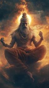 Meditating ascetic figure with fiery aura in cosmic space.