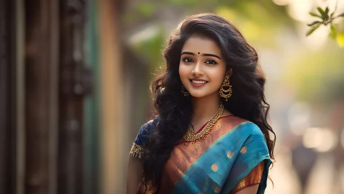 Woman in traditional saree on softly lit urban street.