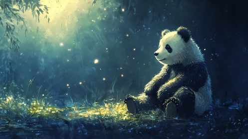 Dreamlit panda cub resting in glowing forest clearing.