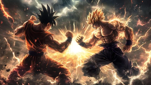 Opposing anime fighters in energy clash amid storm field.
