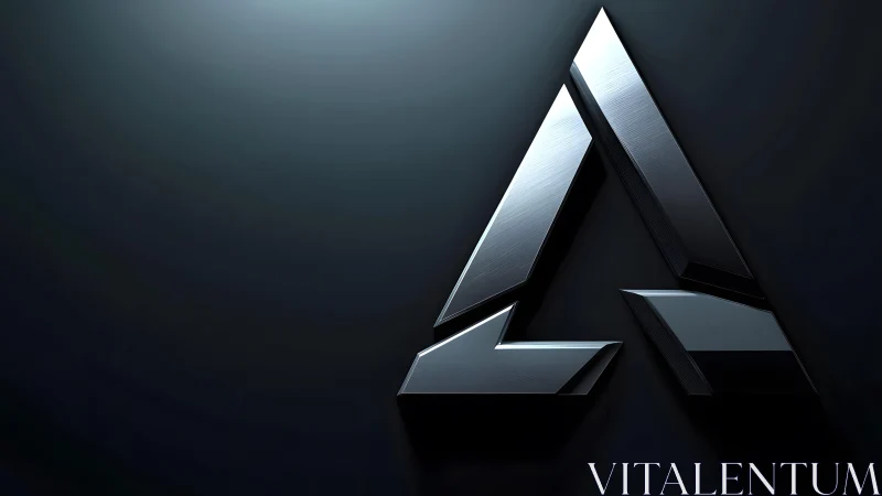 Futuristic metallic triangle logo on dark gradient background.