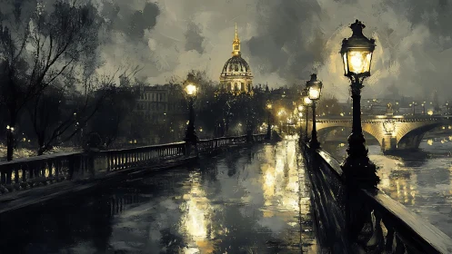 Rainy riverside promenade glows under gentle city lights