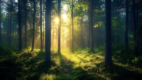 Sunlight Filtering Through Dense Forest in a Dreamy, Lush Style.