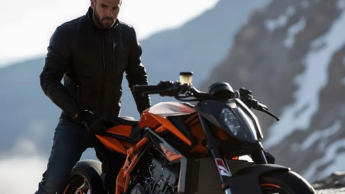 Motorcycle rider pauses beside orange sport bike in mountains.
