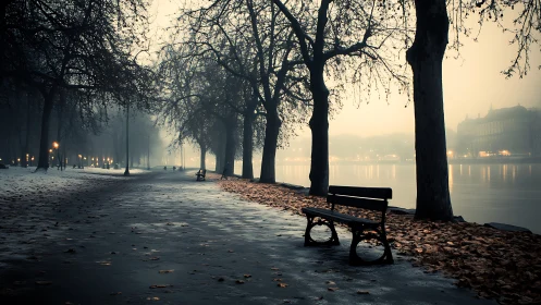 Winter riverside park benches in misty cinematic light.