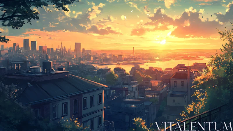 Sunlit riverside skyline viewed from elevated hillside terrace.