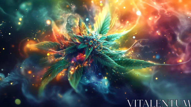 Psychedelic cannabis bloom radiates swirling prismatic light.