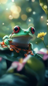 Bright-eyed tree frog resting in a dreamy forest glow.