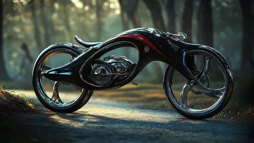 Futuristic Motorcycle Design with Organic Curves in Forest Setting