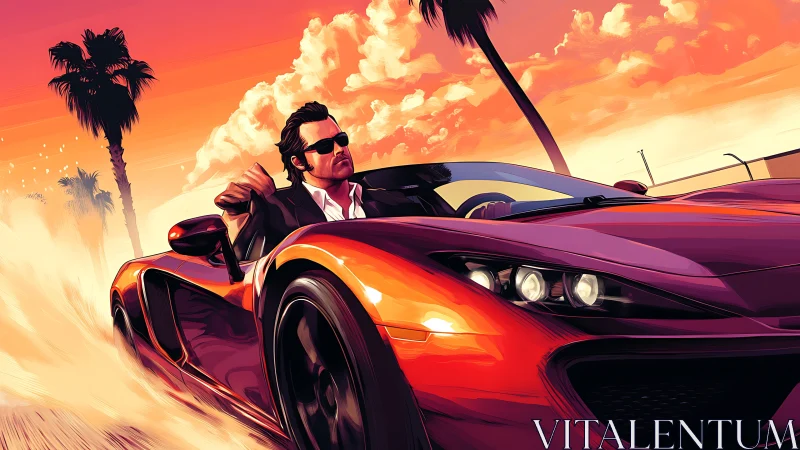 High-speed supercar drift under saturated neon sunset sky