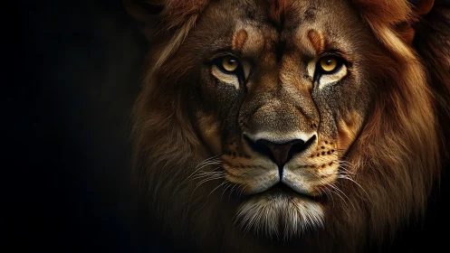 Photorealistic lion portrait with dramatic low key lighting.