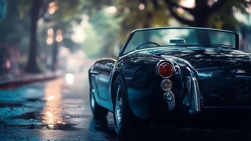 Classic black convertible parked on wet city street at dusk.