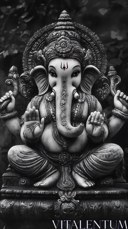 Monochrome Ganesha idol radiates serene sacred grandeur.