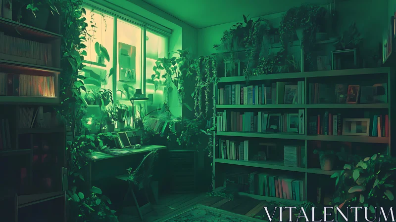 Indoor study with bookshelves and extensive green plants.