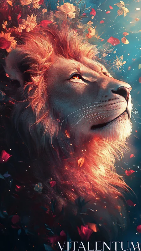 Side profile shows detailed lion head amid floating petals